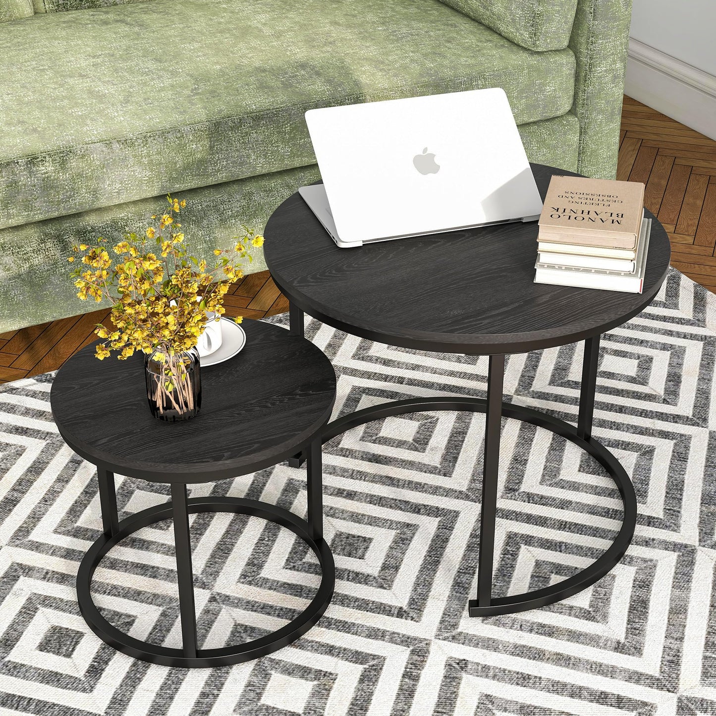 HOJINLINERO Small Round Nesting Coffee Table Set of 2 with Metal Frame and Wood Top, Modern Stacking Side Table for Living Room, Bedroom, Office