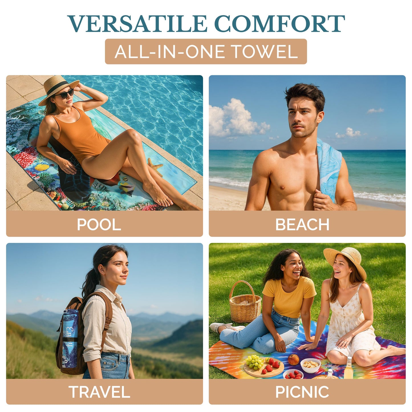Casa Platino 6-Pack Oversized Microfiber Beach Towels – 71"x32" Sand-Free, Lightweight & Quick-Dry – Double-Sided Printed Pool, Travel