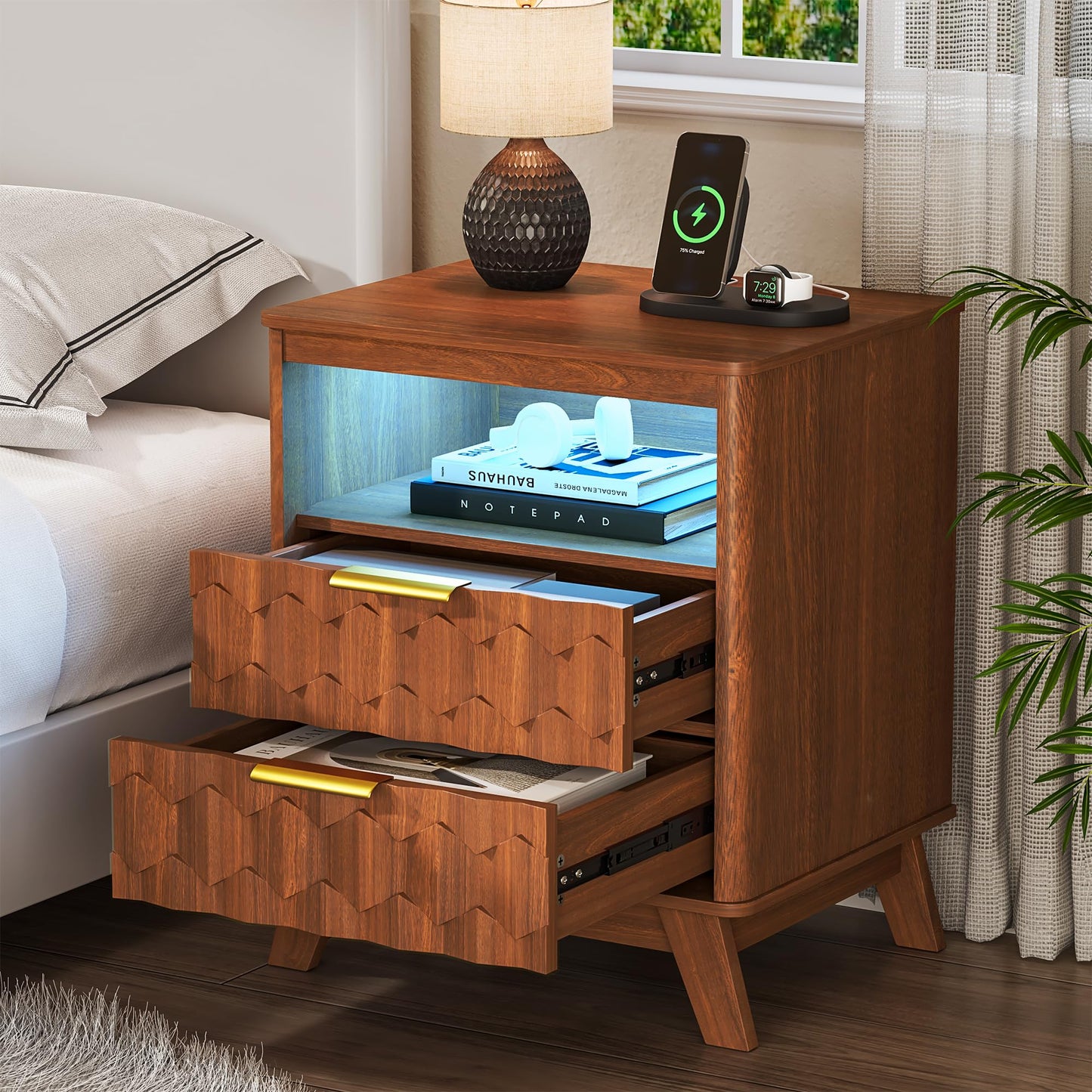 Gurexl Led Bedside Tables with USB and Human Body Sensor for Bedroom,Walnut