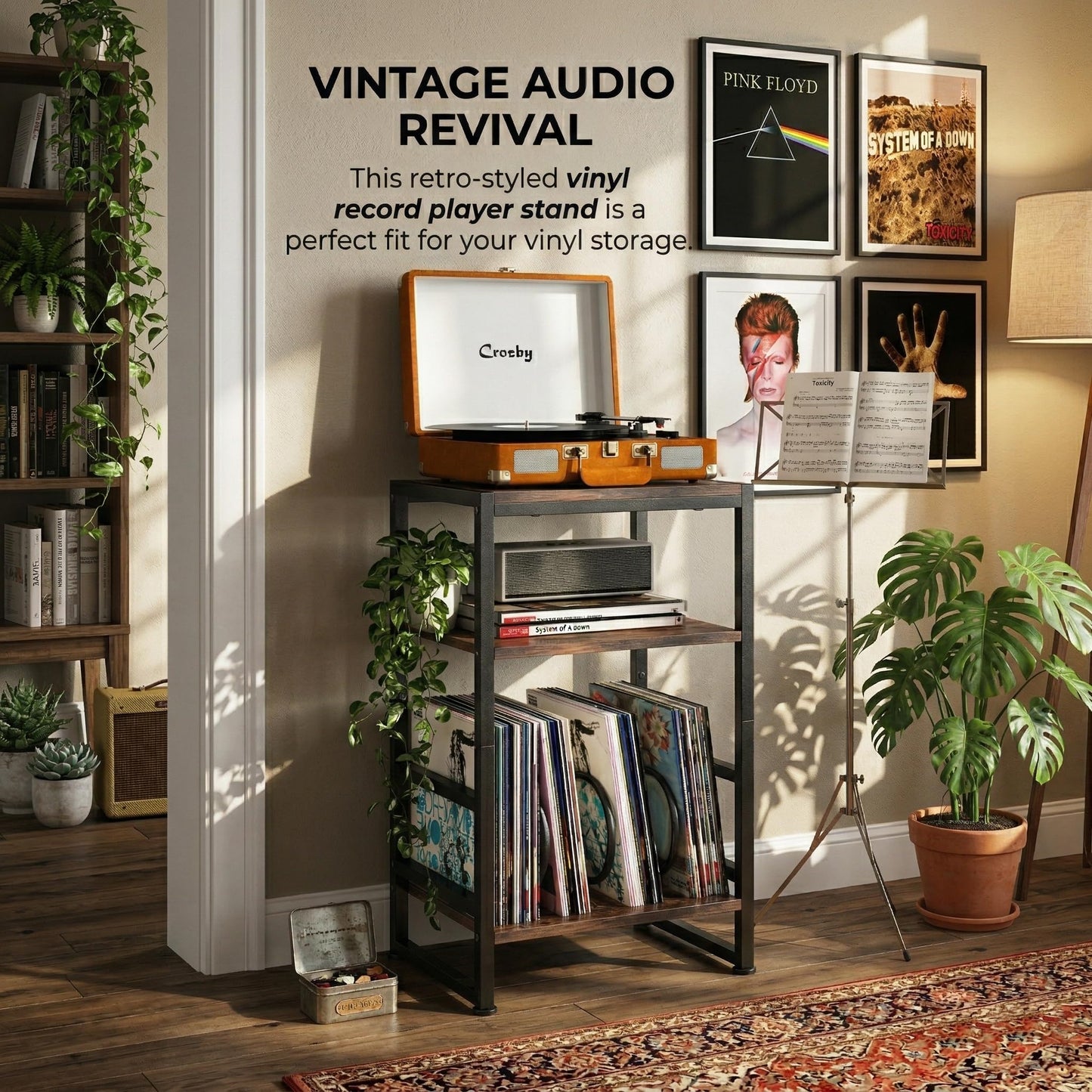 ZEXVIDA Vinyl Record Player Stand, 3-Tier End Table with Vinyl Record Storage, Record Player Table Holder Cabinet Up to 120 Albums for Living Room