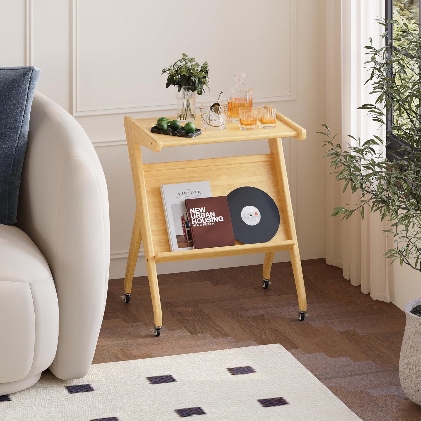 Hunlostten Bamboo Side Table with Casters Storage, Living Room Bedside Tables for Bedroom, Wood End Tables Home Office Sofa Table Nightstand