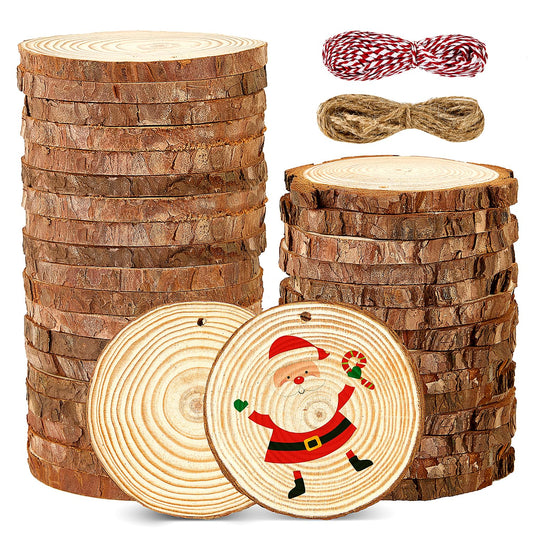 Hafuvool Wood Slices for Crafts 35Pcs 9-10cm Log Slices Unfinished Predrilled Wooden Discs with Twine, Wood kit Wooden Circles Slices for DIY