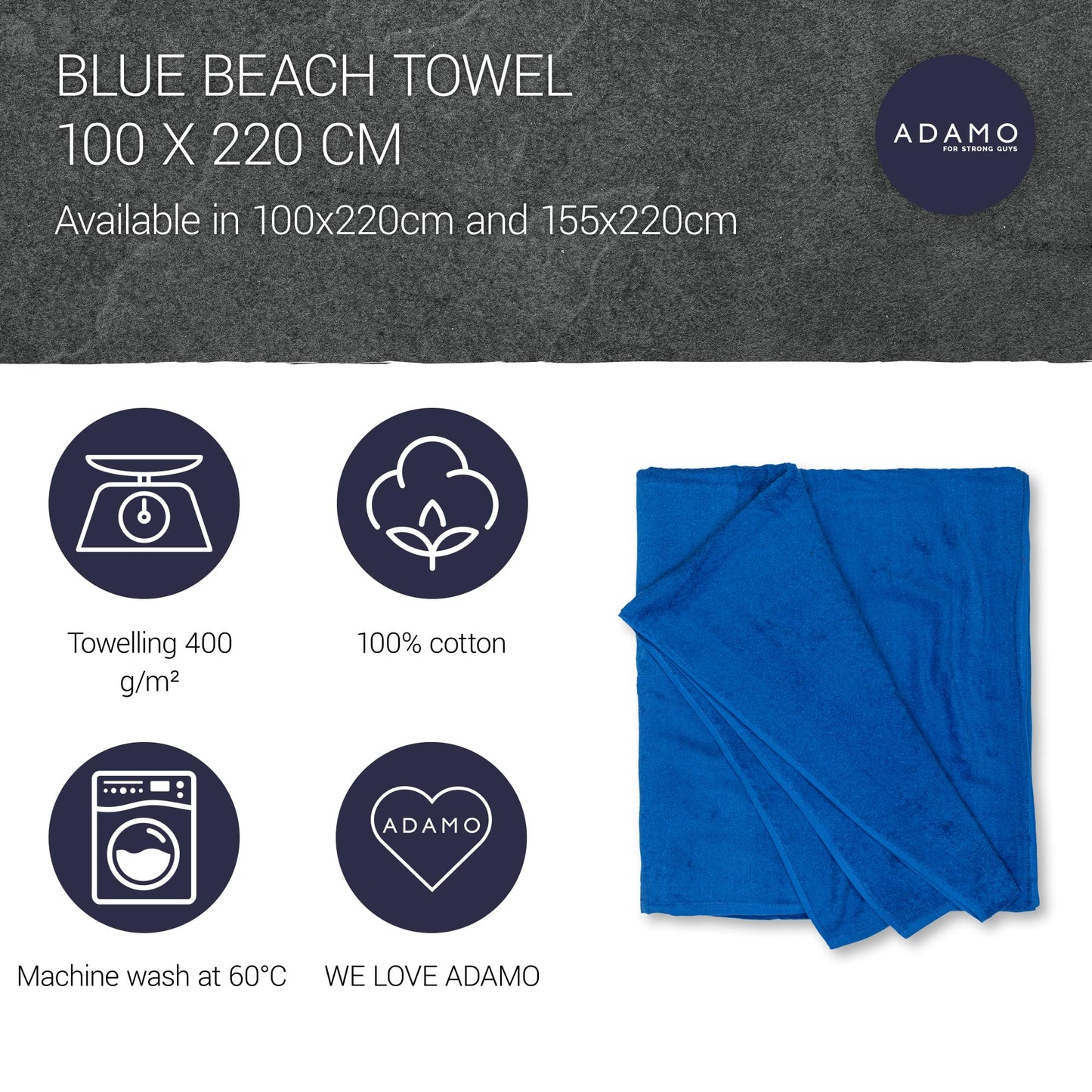 ADAMO Beach Towel XXL, Large (100 x 220 cm) Royalblau, 100% Cotton