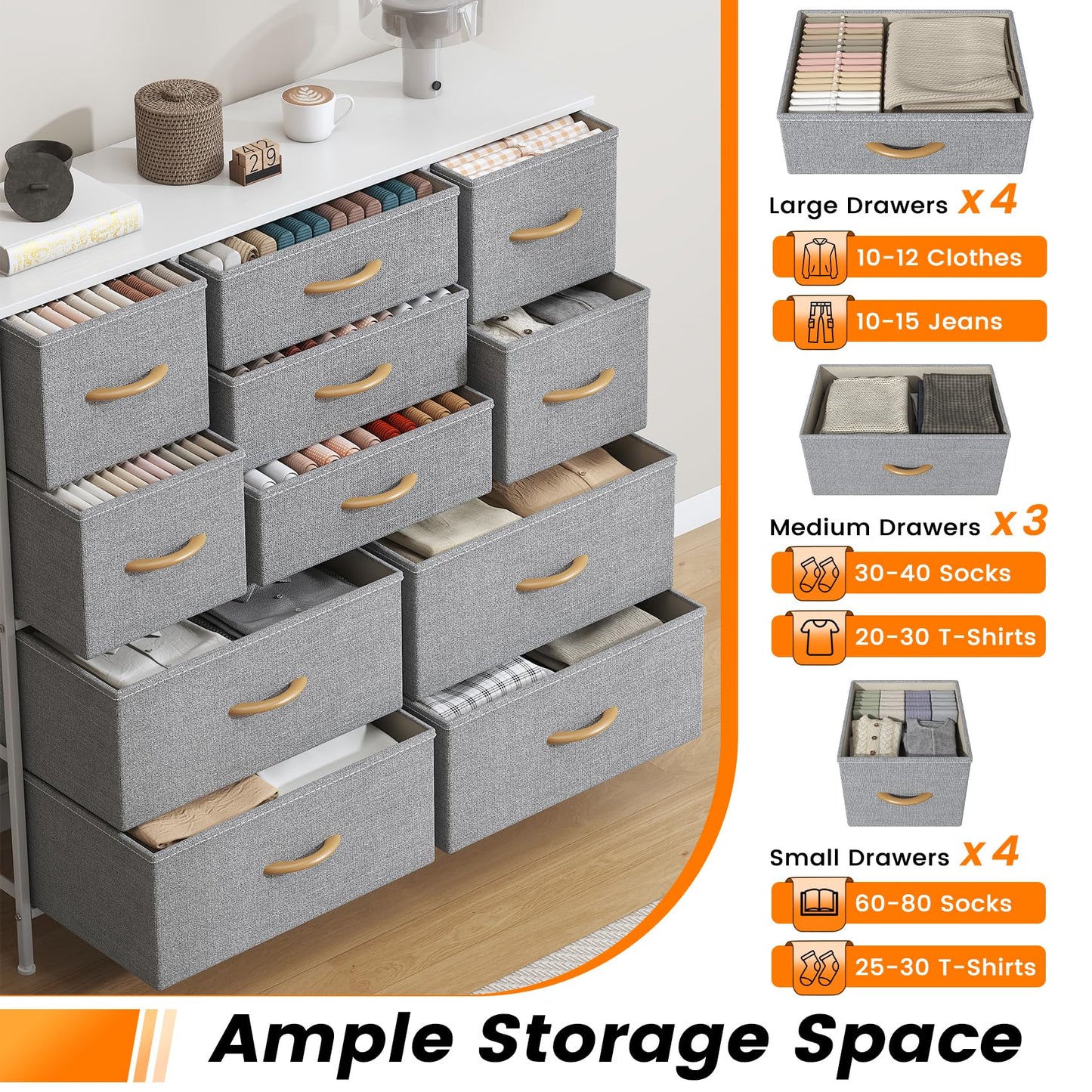 Feonase Chest of Drawers, Bedroom Tall Dresser with 11 Fabric Drawers, Metal Frame & MDF Wood Top, Adjustable Feet