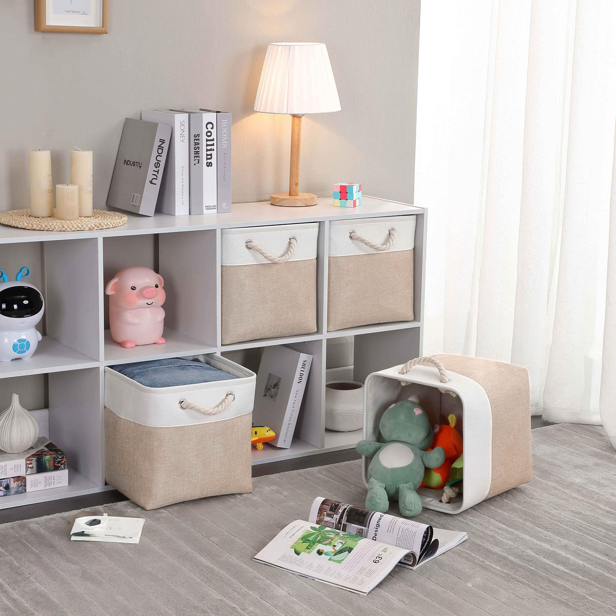 SOCOHOME Cube Storage Boxes,33x33x33cm Storage Baskets for Organizing Clothes Shelf Nursery ClosetLight Khaki/White, Set of 6