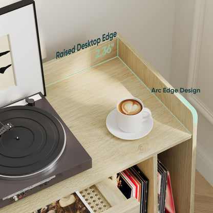 Semiocthome Record Player Stand with Vinyl Storage, Record Player Table with Storage Shelf, Turntable Stand with Rattan Cabinet Door Small