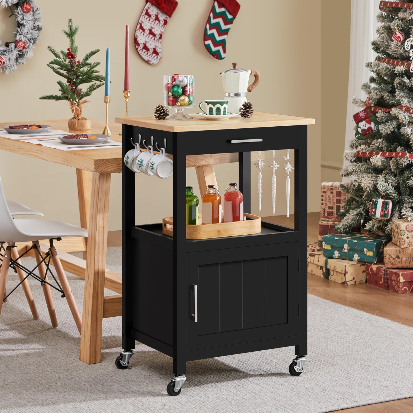 Yaheetech Rolling Kitchen Storage Trolley Cart with Cabinet, Drawer Black