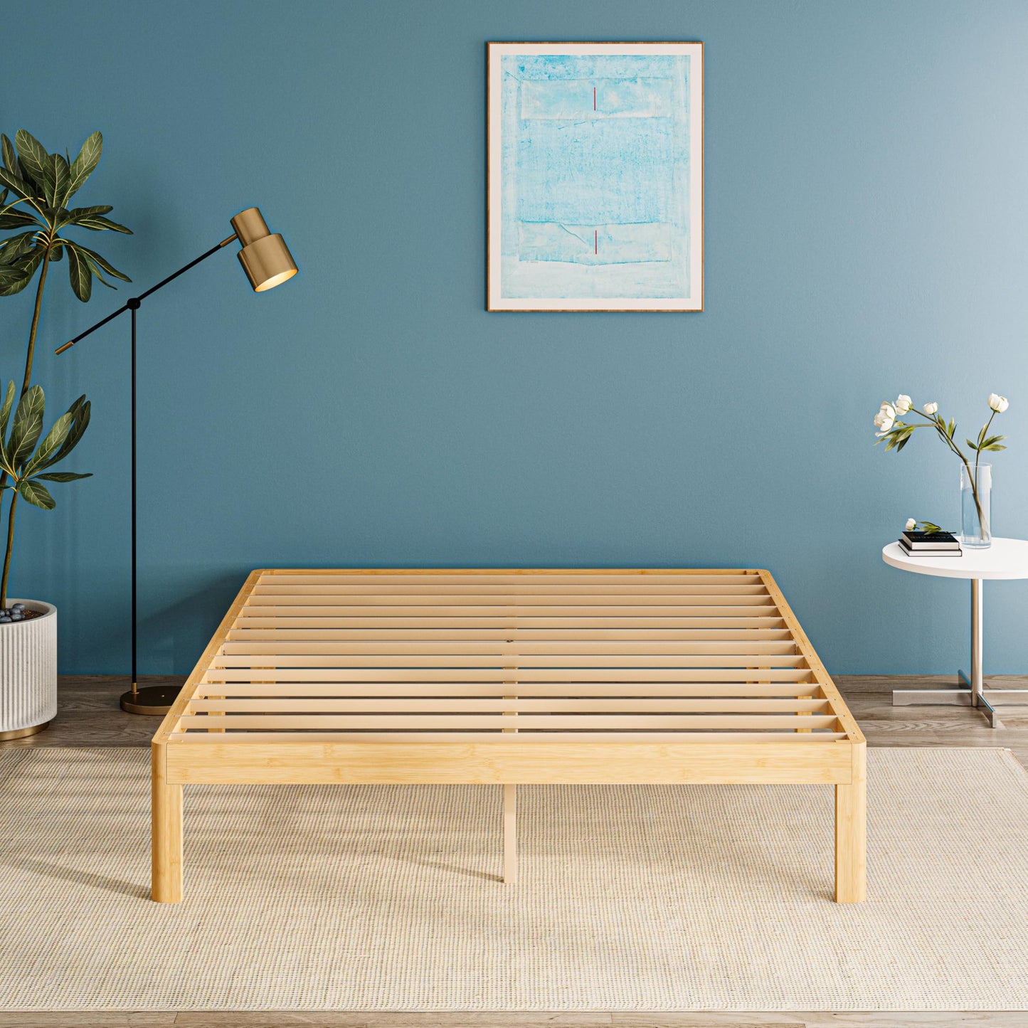 QFtime Bamboo Wood King Size Bed Frame with Metal Slats Support, Platform King Bed Frame, Easy to Install, Noise Free, Sturdy, 35.5 cm High