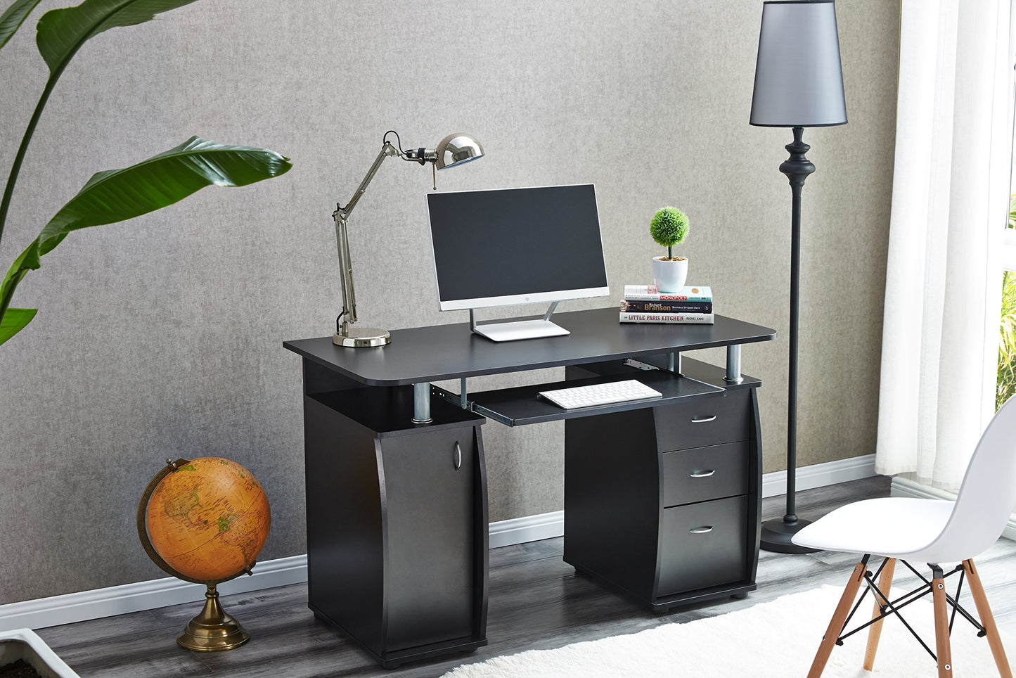 RayGar Black Deluxe Design Computer Desk With Cabinet and 3 Drawers For Home Office Table Workstation - New (Black)