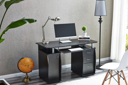 RayGar Black Deluxe Design Computer Desk With Cabinet and 3 Drawers For Home Office Table Workstation - New Black