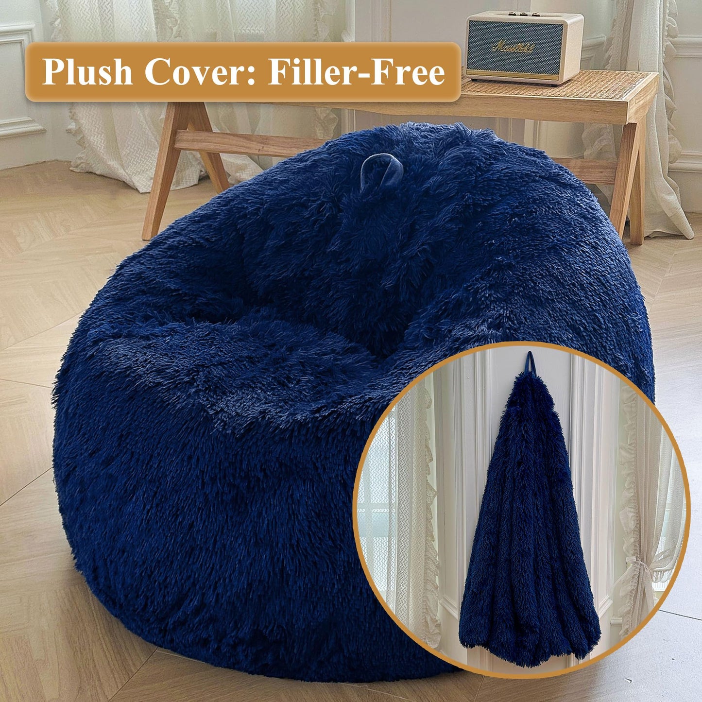 XeGe Soft Fluffy Faux Fur Bean Bag Chair Cover(No Filler), Navy Blue