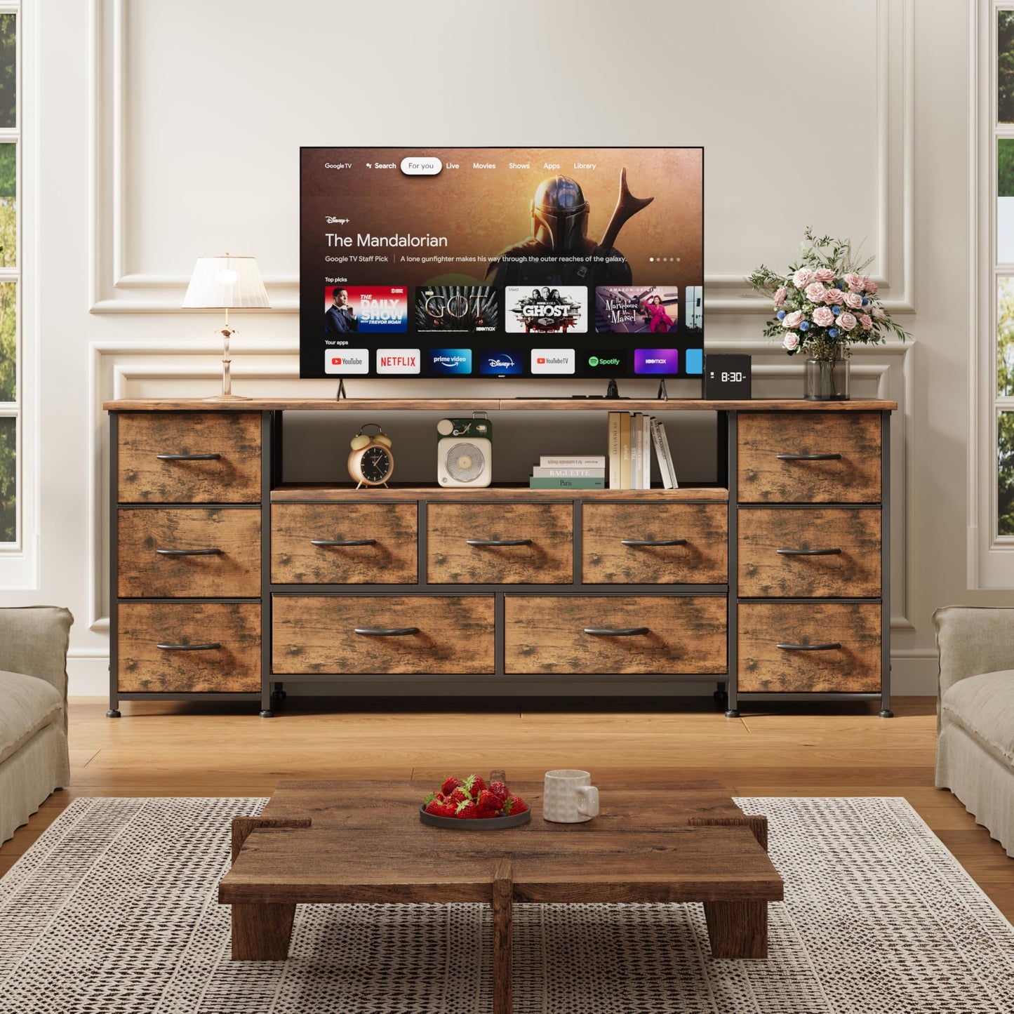 VERMESS 63" Tv Cabinet, Dresser for Bedroom with 11 Fabric Drawers, TV Stand with Power Socket for TVs up to 70", TV Units for Living Room, Bedroom