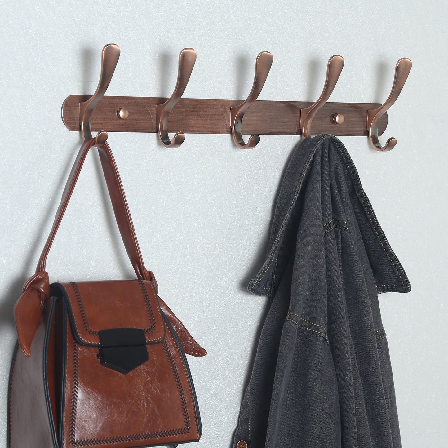 SKOLOO Coat Rack Wall Mount - Modern, Metal Wall Coat Rack with 5 Hooks, Sturdy Wall Hook Rack Rail for Hanging Coat, Jacket, Clothes, Hat, Red Copper