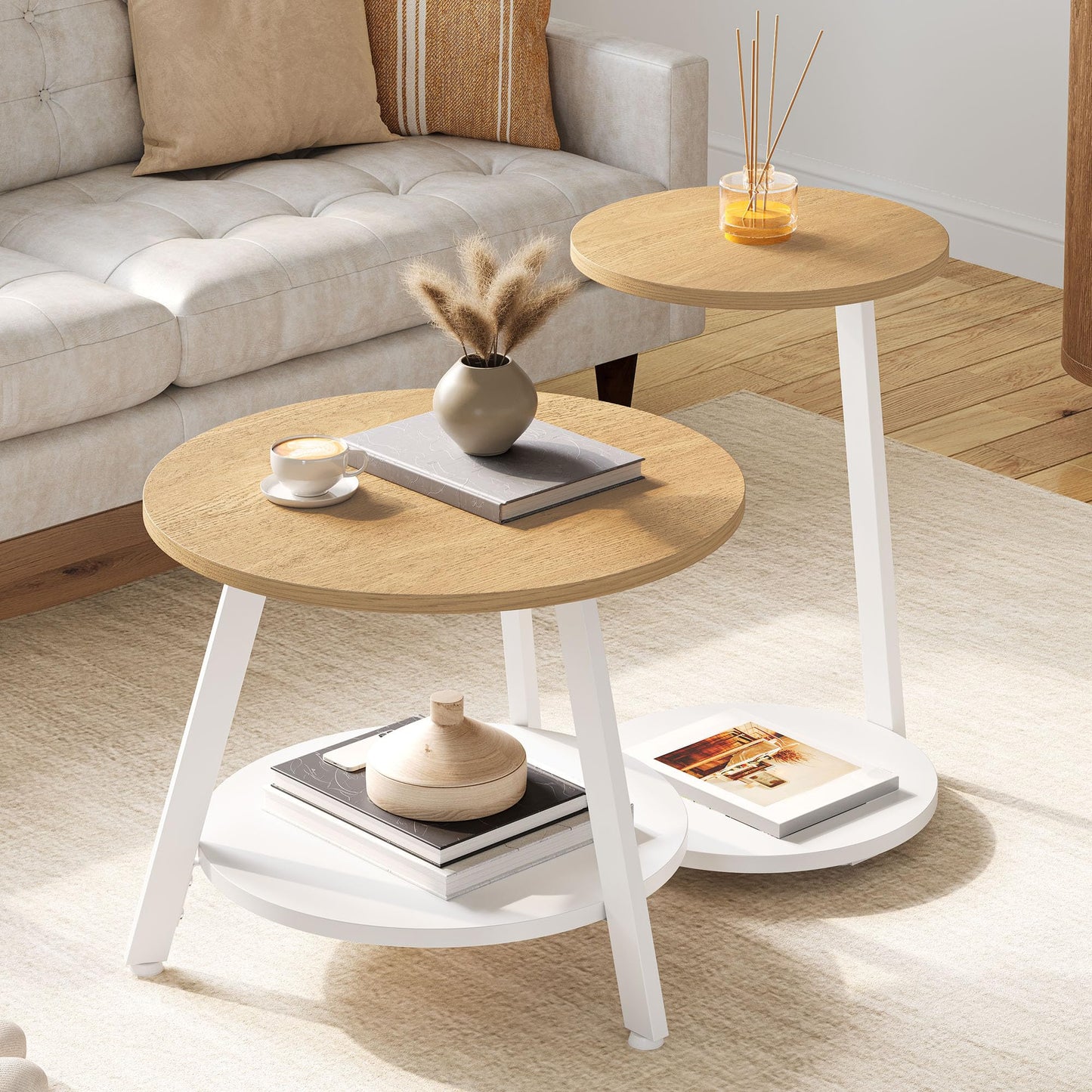YITAHOME Round Coffee Tables, Set of 2 Nesting Tables with Storage Space and Unified Style Design, Small Coffee Tables for Living Room