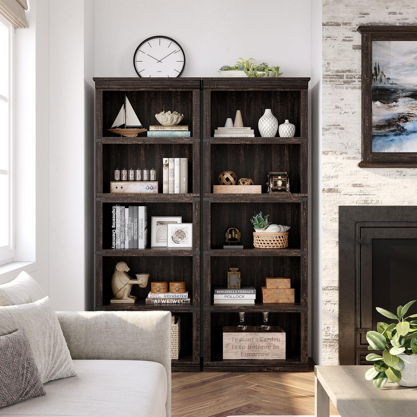 5 Tier Bookcase, Farmhouse Book Shelf with Storage Open Display Bookshelves, Book Case Wooden 5 Shelf Bookcase Home Decor Furniture for Home Office