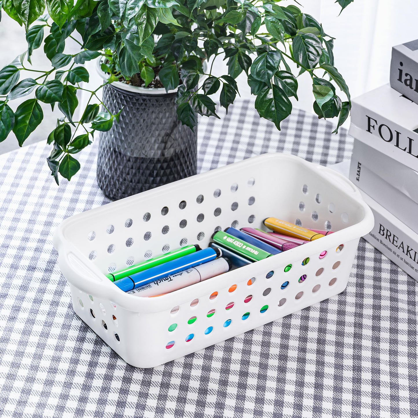 Cetomo Plastic Storage Baskets with Handle, Storage Boxes, Shelf Basket Organizer with Hole, Open Top Storage Bin for Shelves Home Kitchen Office