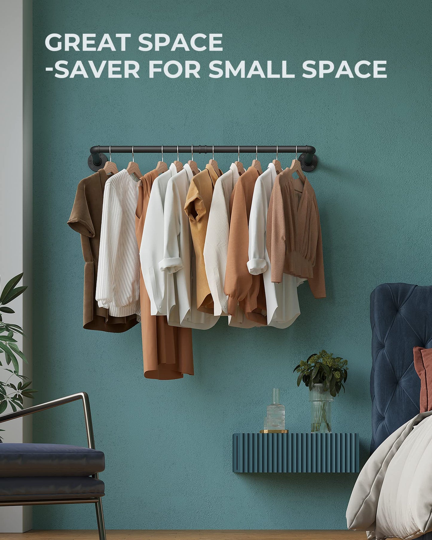 OROPY Retro Wall Mounted Clothes Rail, 92cm Industrial Pipe Clothes Rack