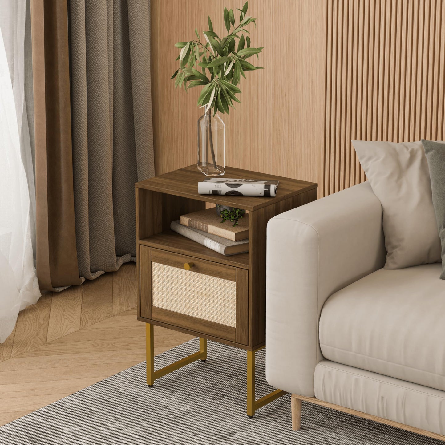 JERX Rattan Bedside Table, Farmhouse Wood Nightstand with Storage Drawer and Open Shelf Small Bedside Cabinet for Bedroom,Living Room,Office Walnut
