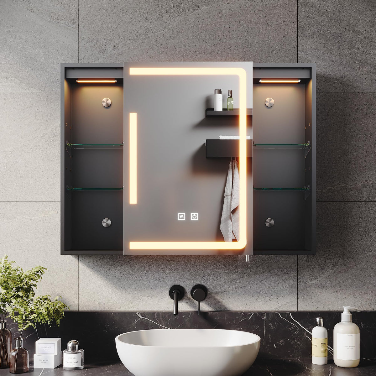 ELEGANT 800x600mm LED Bathroom Mirror Cabinet with Shaver Socket Black Mirrored Cabinet with Three-Color Infinitely Dimmable Wall Mounted Mirror