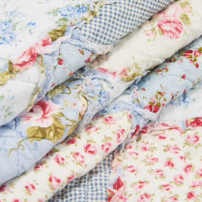 Qucover Single Bedspread Quilted Soft Cotton Blue Floral Patchwork Quilts, Quilted Blanket 150x200 cm