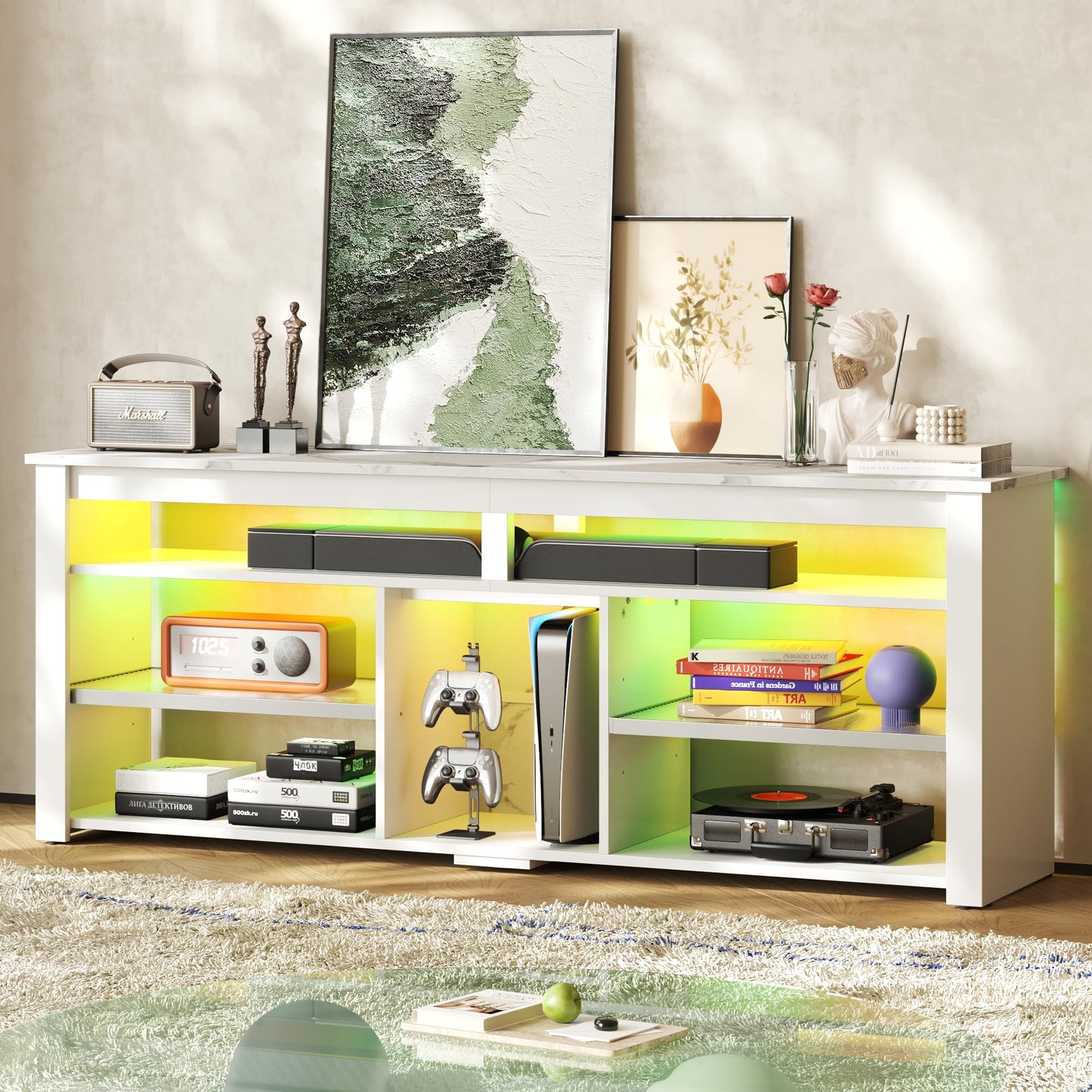 Bestier TV Stand for 70 inch TV, Tall Entertainment Center with 2 Led Lights, Gaming TV Console with Storage for PS5, Modern TV Cabinet for Bedroom