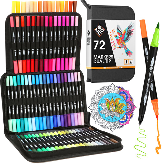 ZENO 72 Dual Tip Markers Set with Case ? No-Bleed Coloring for Adults - Fine & Brush Tip - Art Markers - Watercolor Pens for Artists, Coloring, and