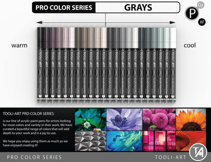 Acrylic Paint Pens 22 Gray Tones Assorted Pro Colour Series Markers Set 0.7mm Extra Fine Tip for Rock Painting, Glass, Mugs, Wood, Metal, Canvas,