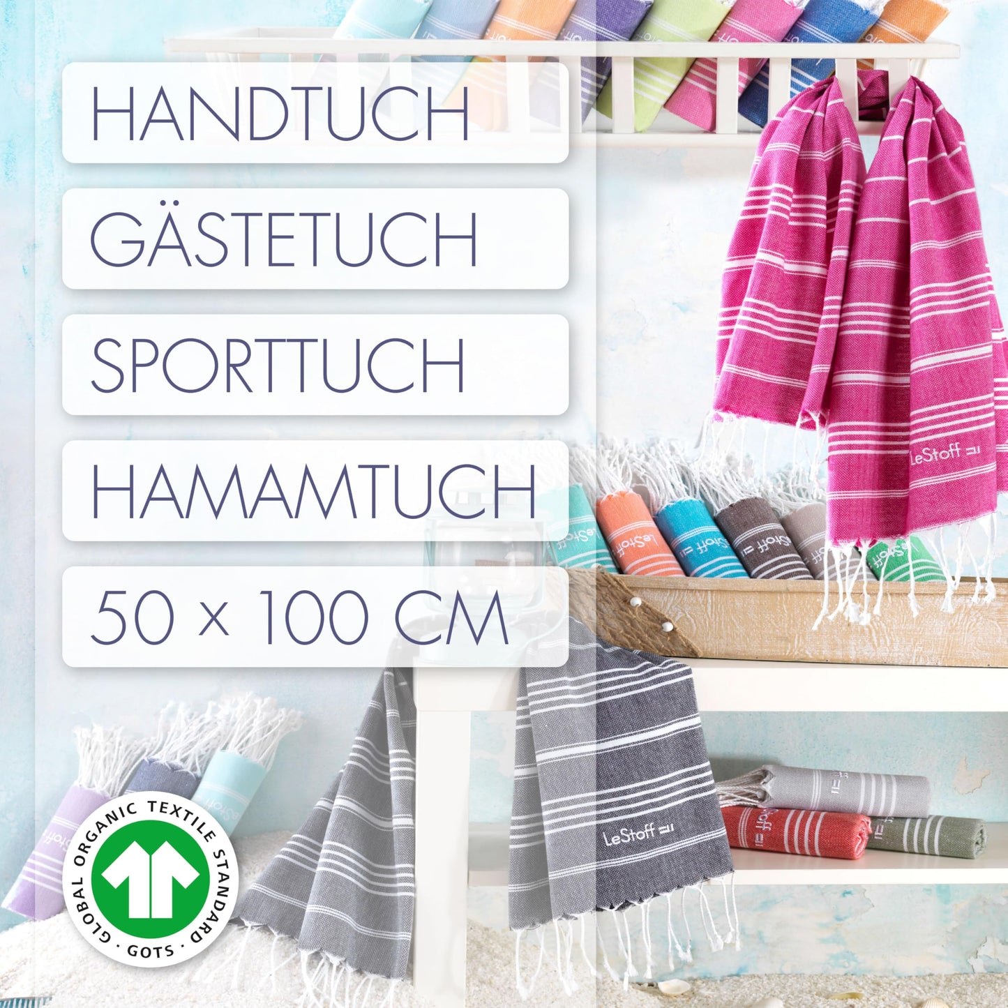 LeStoff 5-Pack Hammam Towels/Guest Towels, Organic Cotton, 50x100 cm, Olive