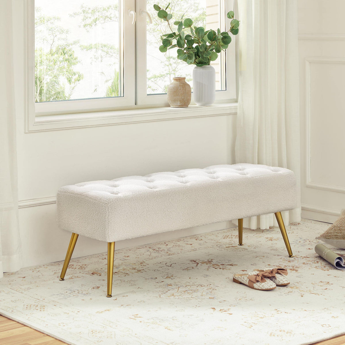 Yaheetech Modern Boucle Ottoman Footstool Bench with Gold Metal Legs, Ivory