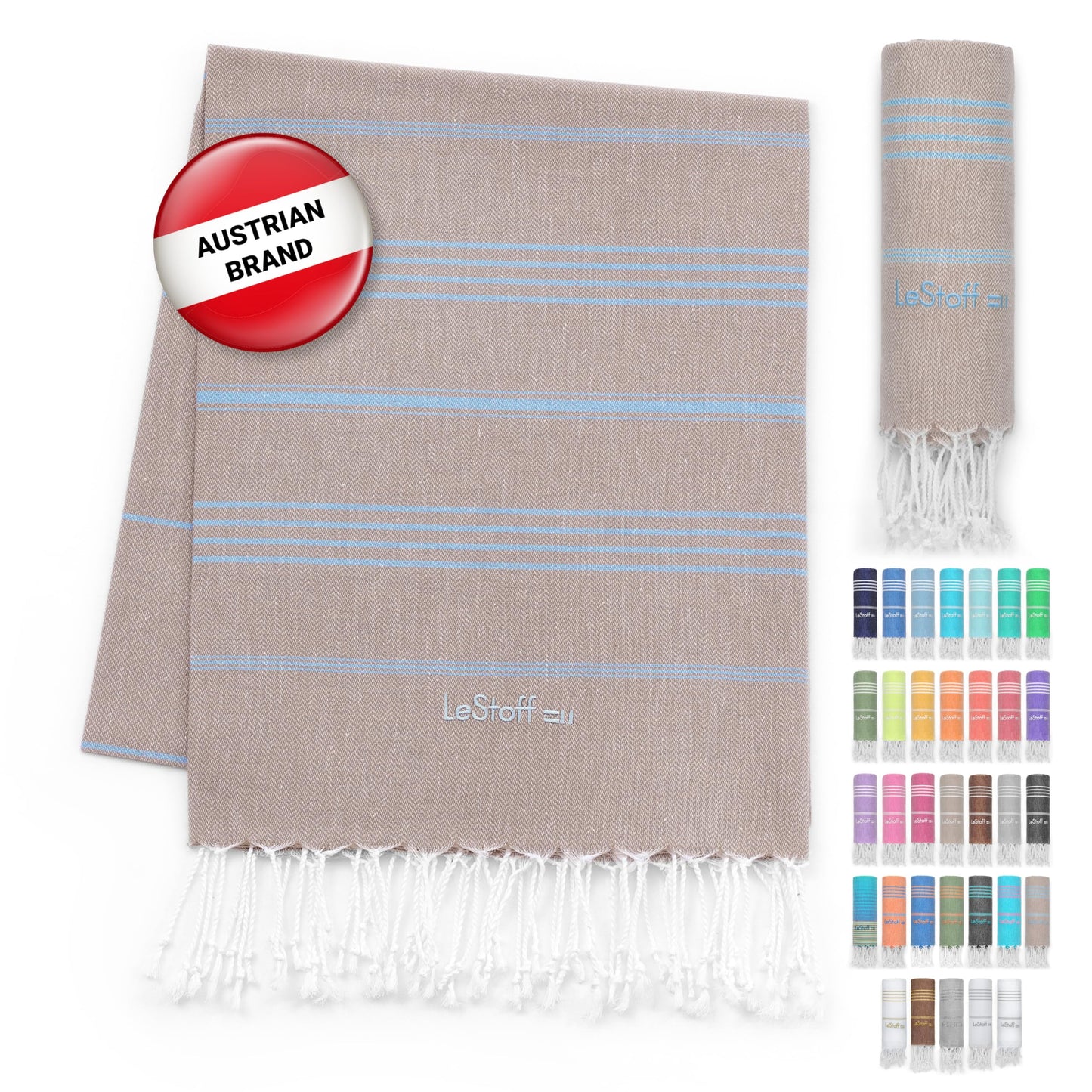 LeStoff Hammam Towel, Beach Towel, Organic Cotton, 95x180, Beige/Light Blue