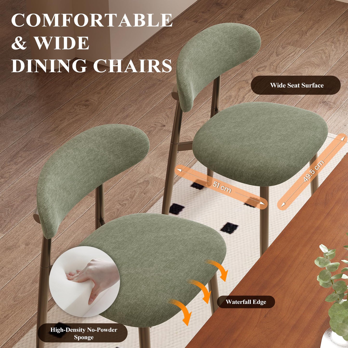 Dining Chairs Set of 6, Upholstered Dining Room Chairs with Ergonomic Curved Backrest, Metal Frame Kitchen Chairs