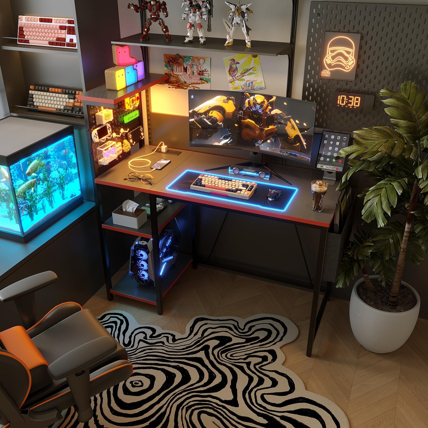 Xyphren Gaming Desk with Pegboard & Power Outlet & LED Light, Small Computer Desk with Reversible Shelves for Corner Home Office Desk, 140 * 50cm