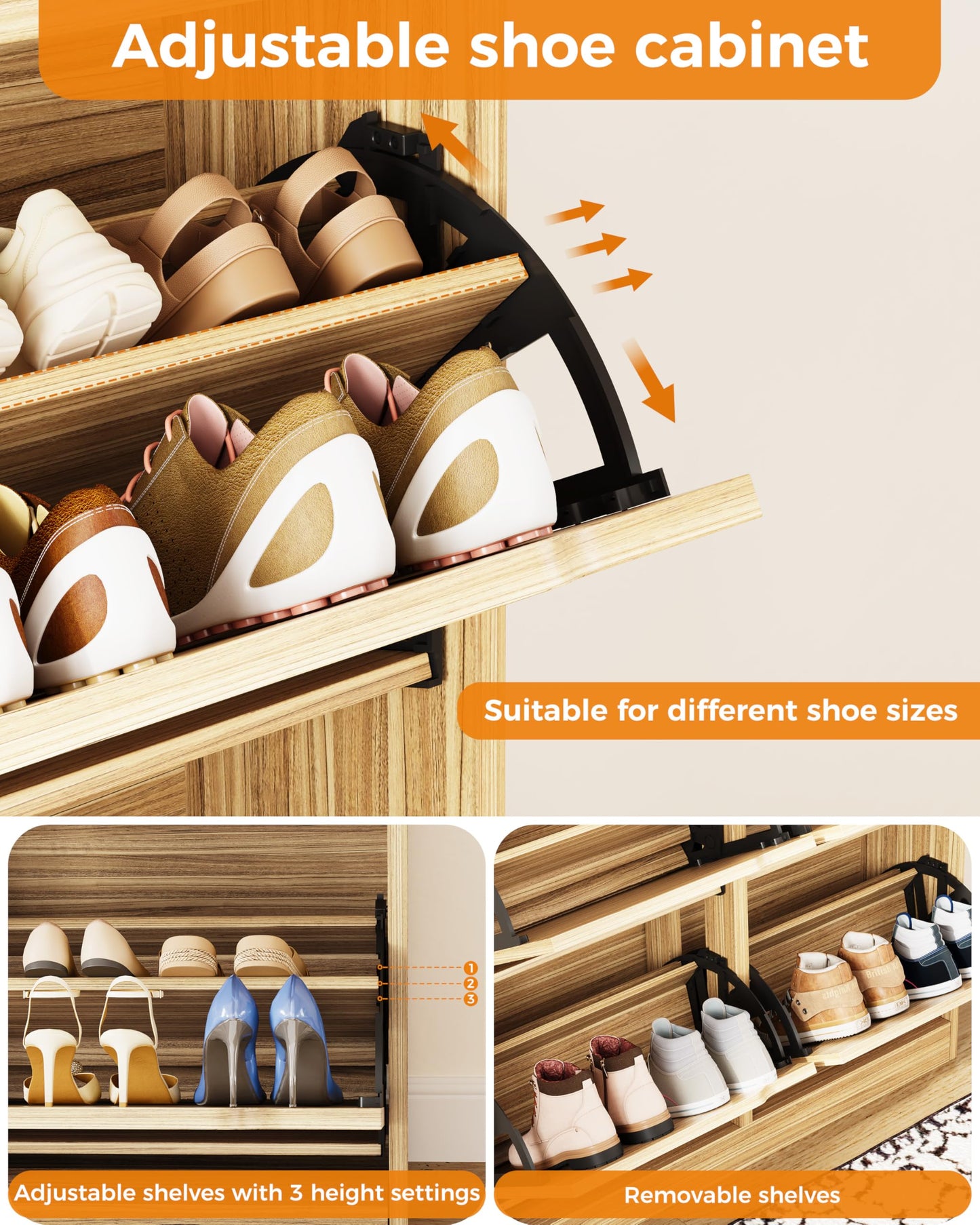 IRONCK Shoe Cabinet with 4 Flip Drawers & 2 Drawers, Freestanding Shoe Rack Cabinet, Shoes Storage Cabinet with Adjustable Shelves