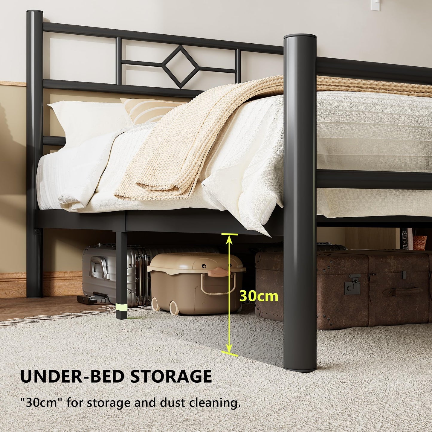 Feonase Single Bed Frame with Headboard and Footboard, Metal Platform Bed Frame Single with Underbed Storage, Solid Metal Slats Support