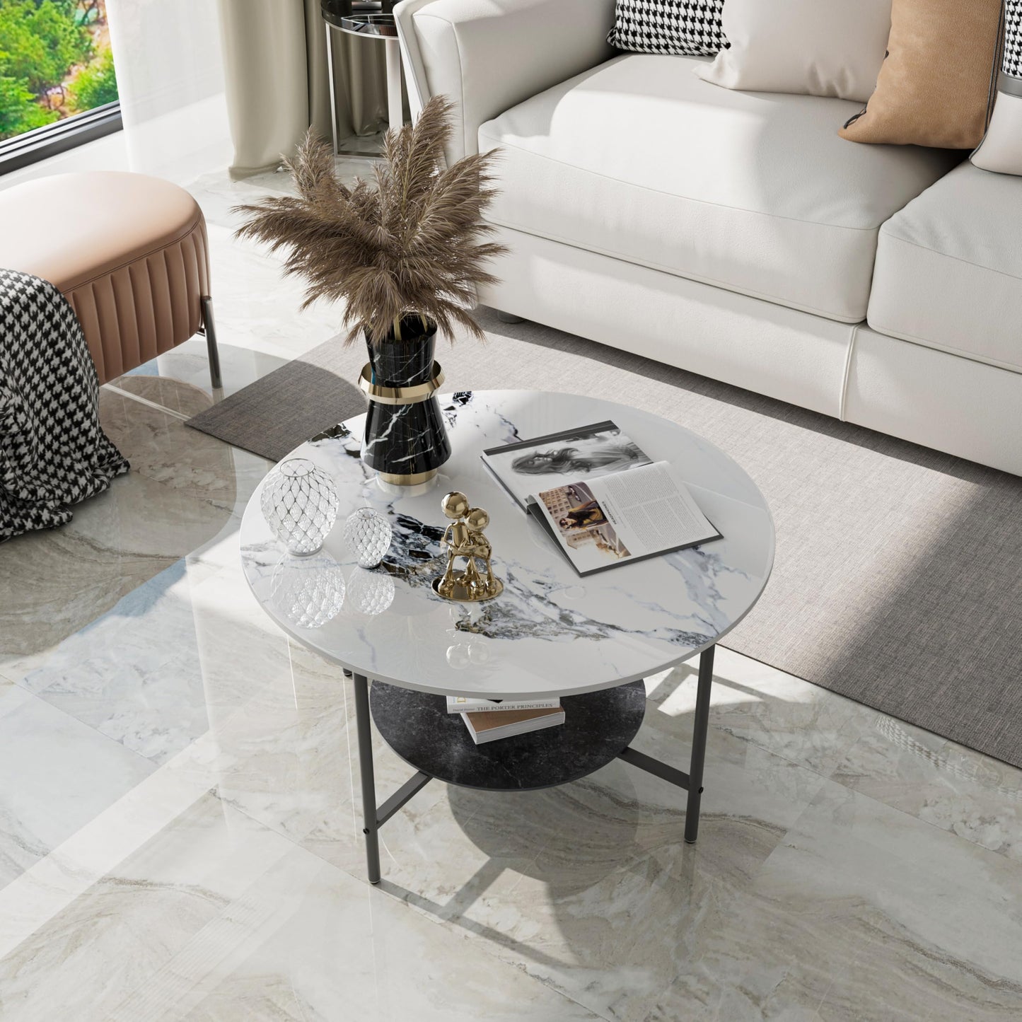 Round Coffee Tables Sintered Stone: 2-Tier Circle Coffee Tables 80 cm White Black Textured Marble Table Top with Sturdy Aluminum Frame Couch Center