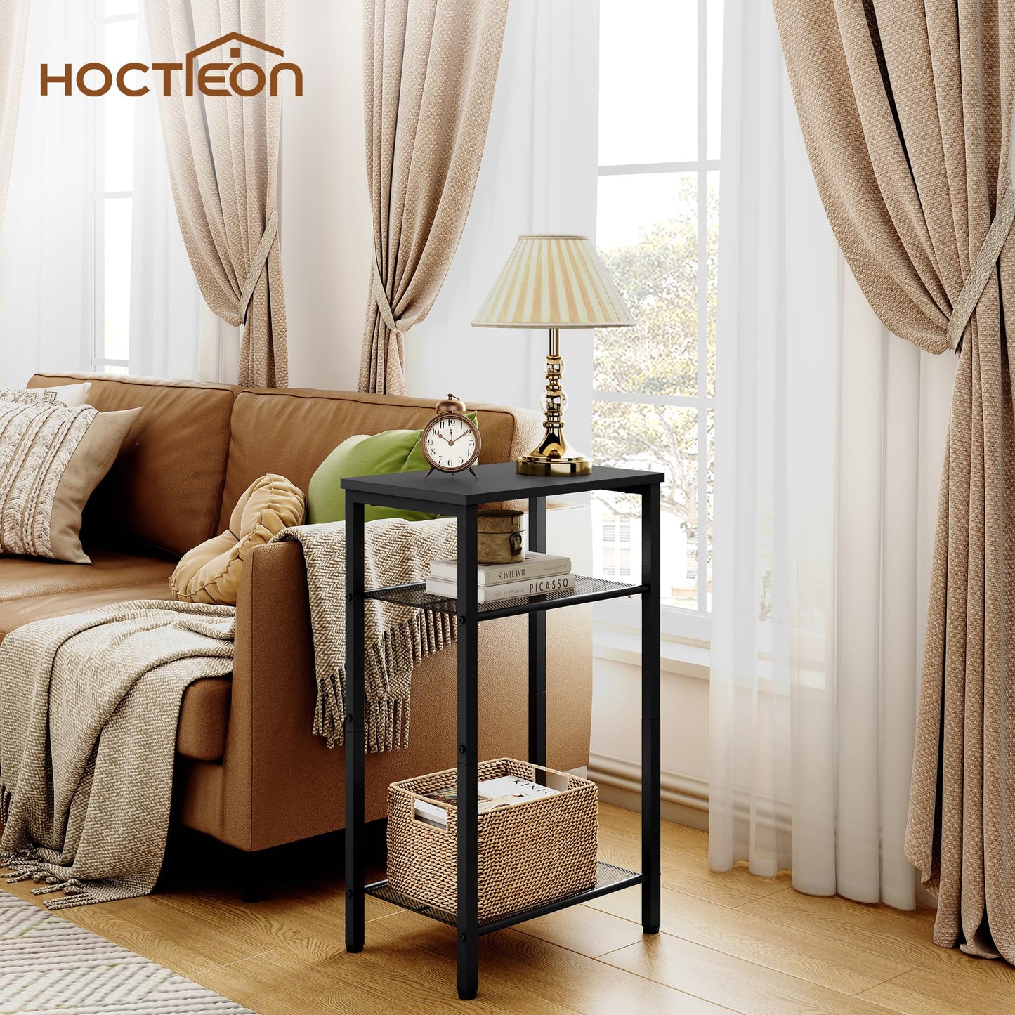 Hoctieon 3 Tier End Table, Telephone Table, Tall Side Table with Storage, Small Nightstand for Small Spaces, Metal Frame, For Living Room, Bedroom