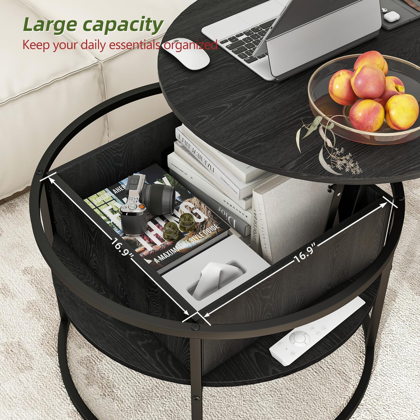 HOJINLINERO Round Coffee Table,Lift Top Coffee Tables for Living Room,Wooden Coffee Table with Hidden Storage & Lift Up Top,Modern Sofa Tea End