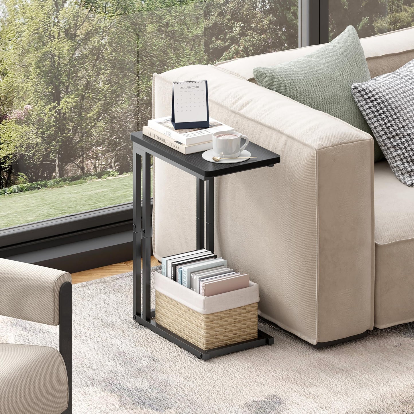 Yusong C Shaped End Table, Couch Side Table That Slide Under Sofa Bed for Small Spaces, Skinny Overbed Table