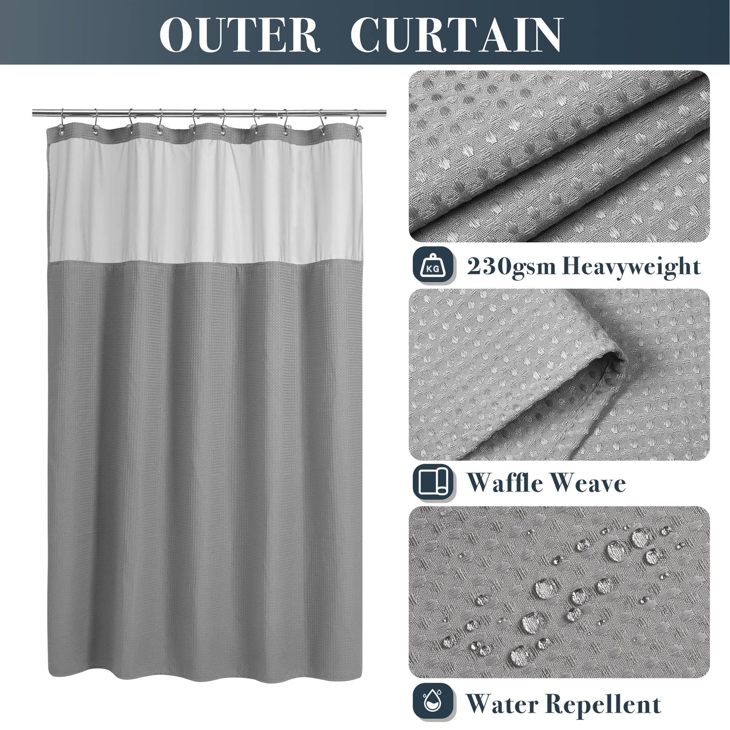 Stall Waffle Shower Curtain with Snap-in Fabric Liner & Hooks Set - 54" x 78" Shower Stall Size, Hotel Style & Mesh Top Window, Machine Washable