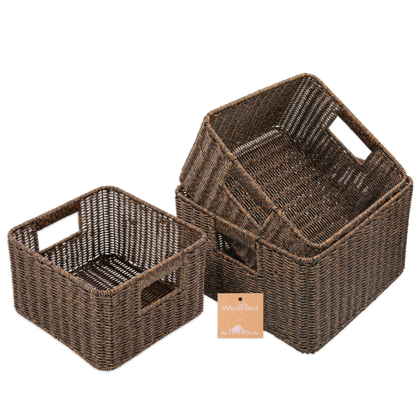 myHomeBody Wicker Storage Basket, Storage Cubes, Woven Baskets for Organizing, Resin Wicker Set of 3, Rustic Brown