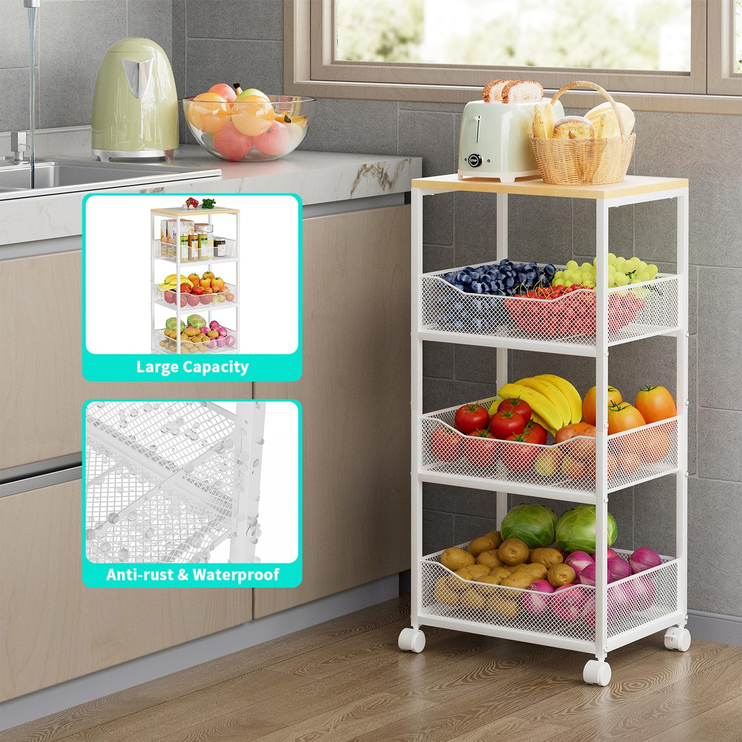 HapiRm Fruit Basket Kitchen Cart - 4-Tier Kitchen Storage Trolley on Wheels