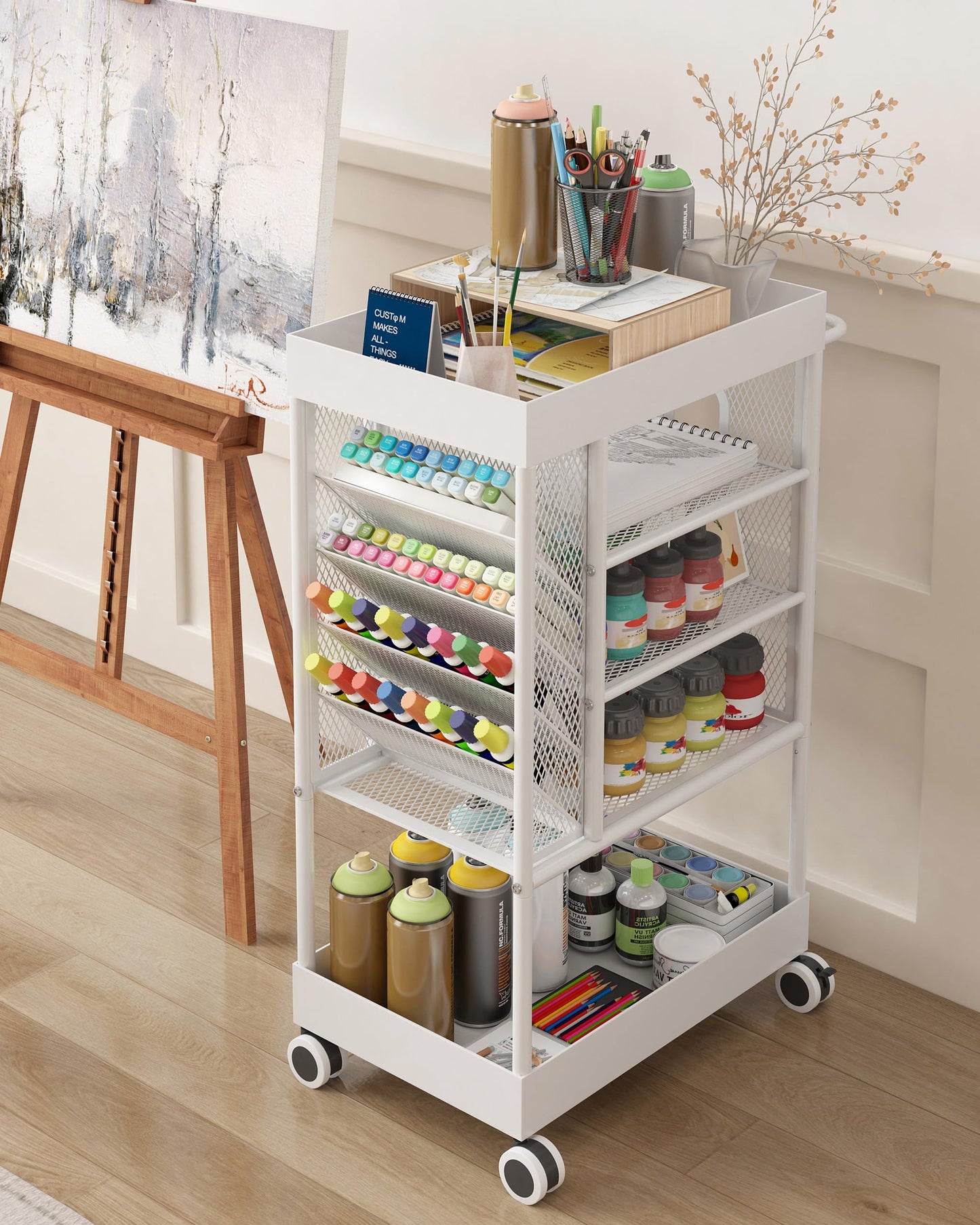 Ornestia 5-Tier Multi-Functional Art cart, Metal Utility Cart with Lockable Wheels, Versatile Art Supply Storage Organizer Cart, Storage for Brushes