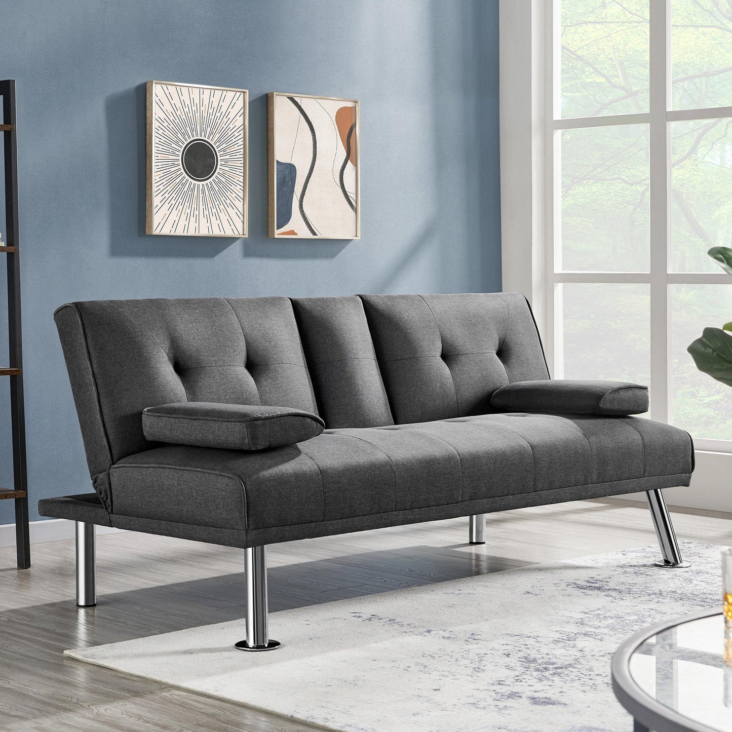 Yaheetech Dark Grey 3-in-1 Convertible Upholstered Cup Holder Sofa Bed