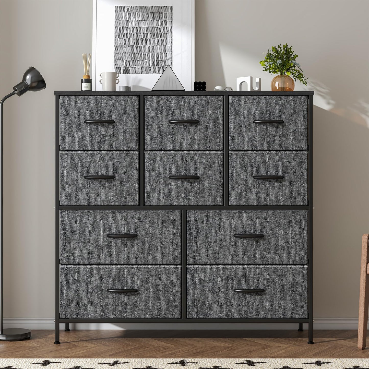 Feonase Chest of Drawers,Bedroom Tall Dresser with 10 Fabric Drawers, Metal Frame & MDF Wood Top, Adjustable Feet, Storage Organizer Unit for Bedroom