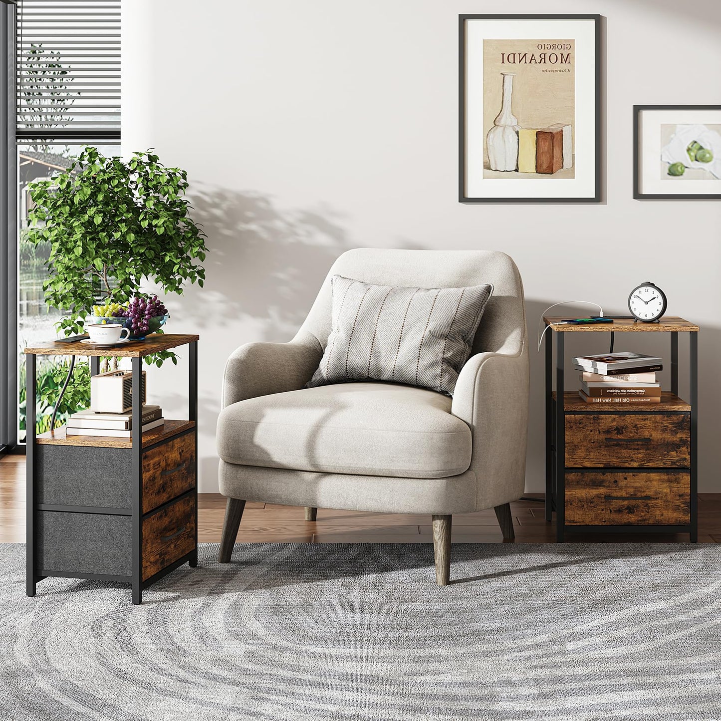 TUTOTAK Bedside Table with Charging Station, Side Table with 2 USB Ports and Outlets, Nightstand with Cloth Drawer, Set of 2, End Table