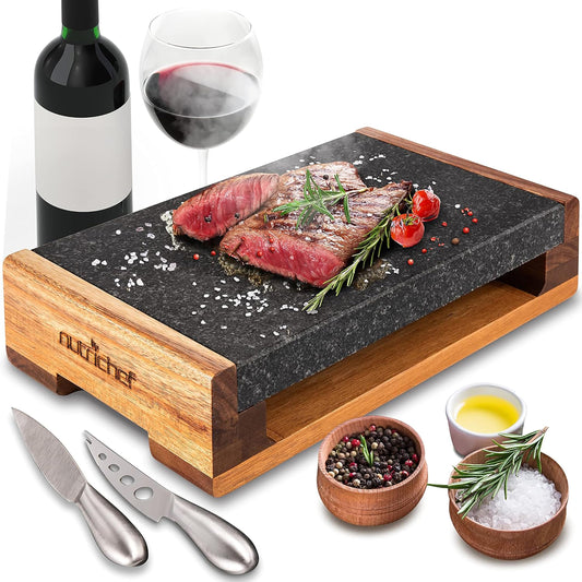 Nutrichef Steak Stone, Grill Hot Stone Cooking Set,Hot Lava Rock Sizzling Plate for Steak BBQ with Stainless Steel Knives and Acacia Wood Serving