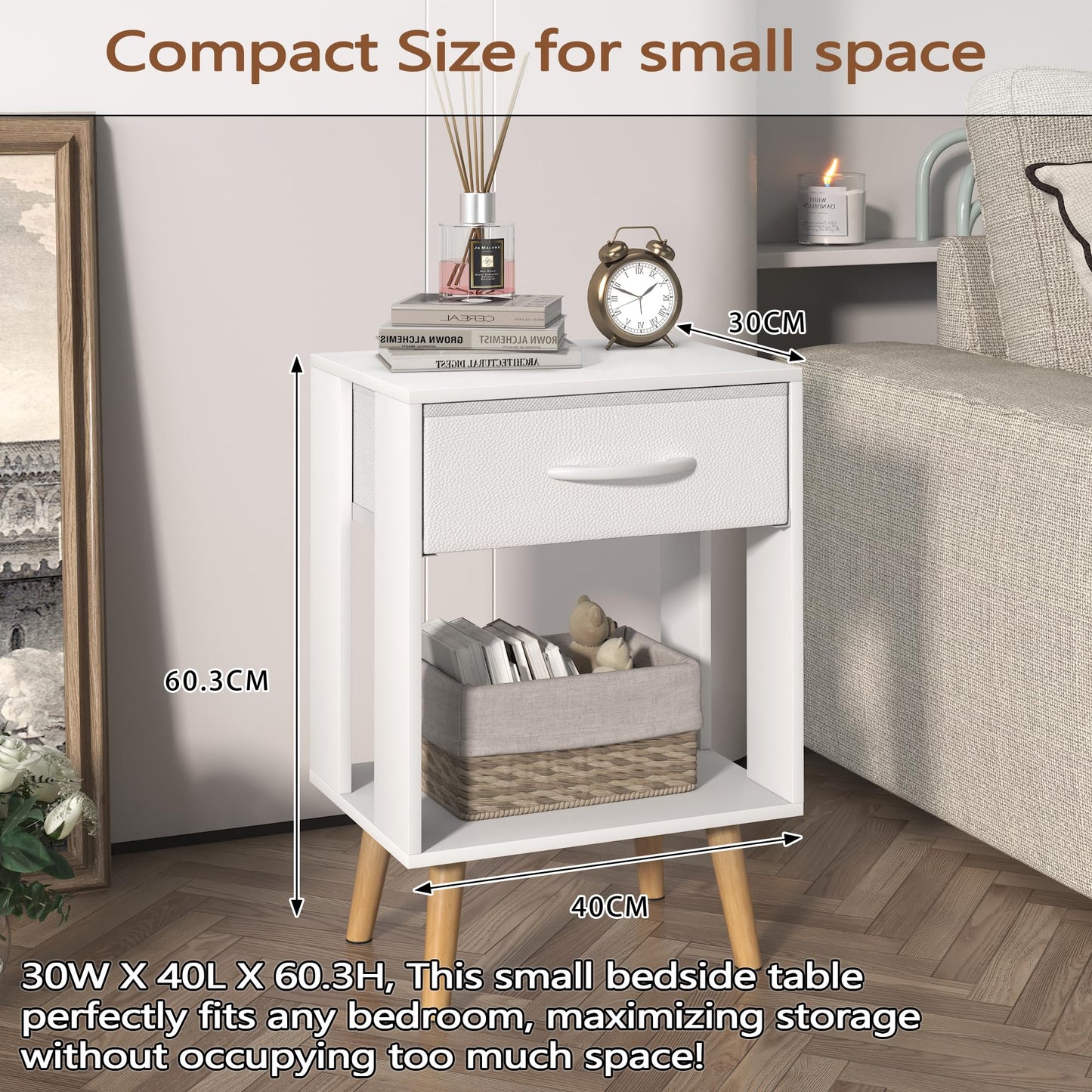 OYRREU White Bedside Table Set of 2 with Drawers & Open Shelf for Bedroom