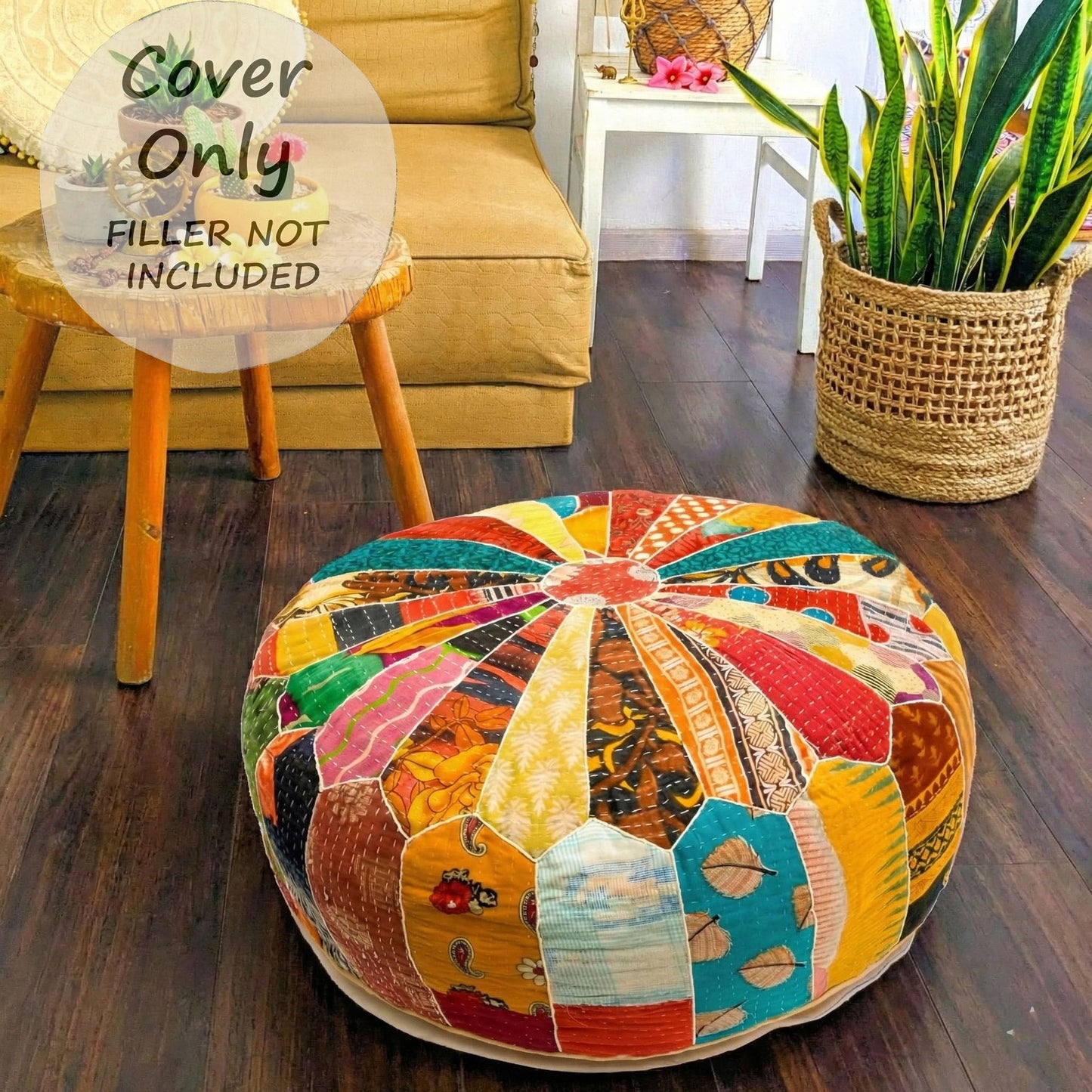 Mandala Life ART Green Round Velvet Pouf Cover - Soft Embroidered Ottoman Slipcover with Moroccan Design, 24 Inch Diameter, Ideal for Living Room