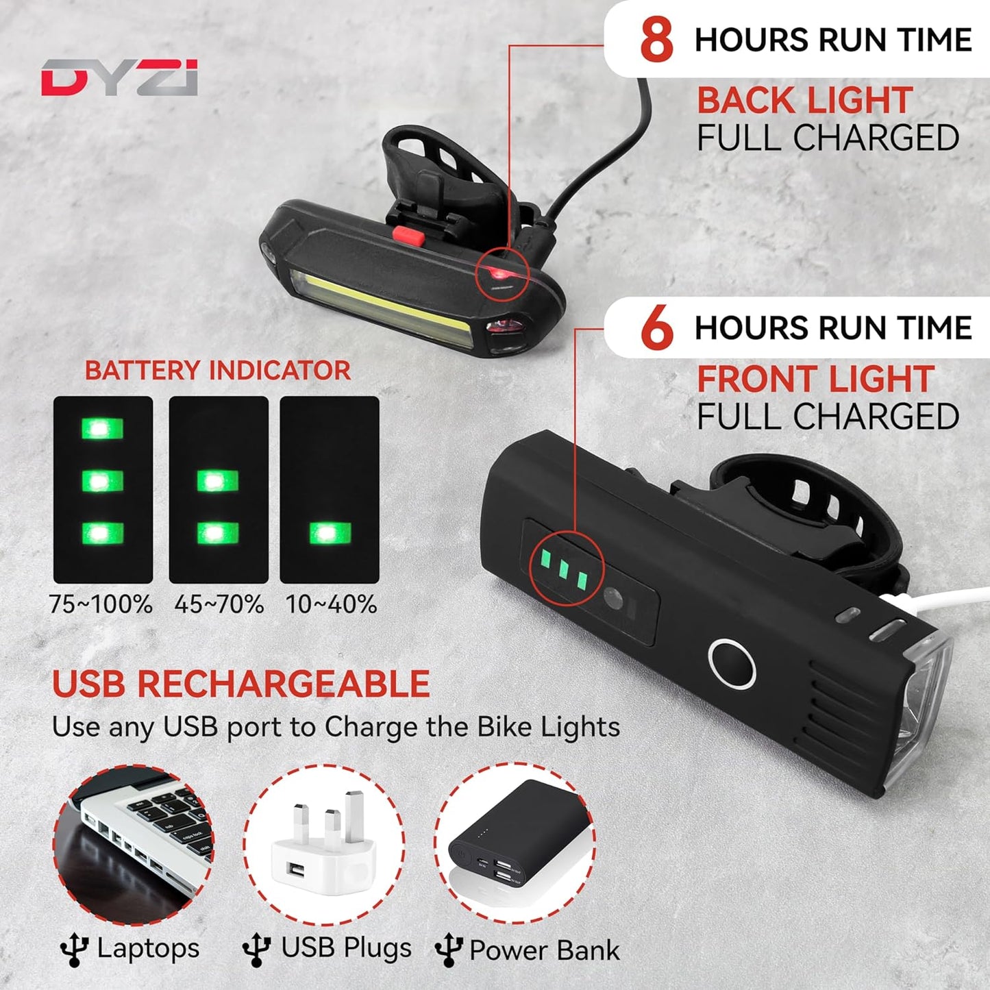 Dyzi Bike Lights - USB Rechargeable Ultra Bright Front & Back Bike Light Sets - 4 Light Modes With Daylight Sensor - Easy to Fit and Mount LED Bicycle Lights