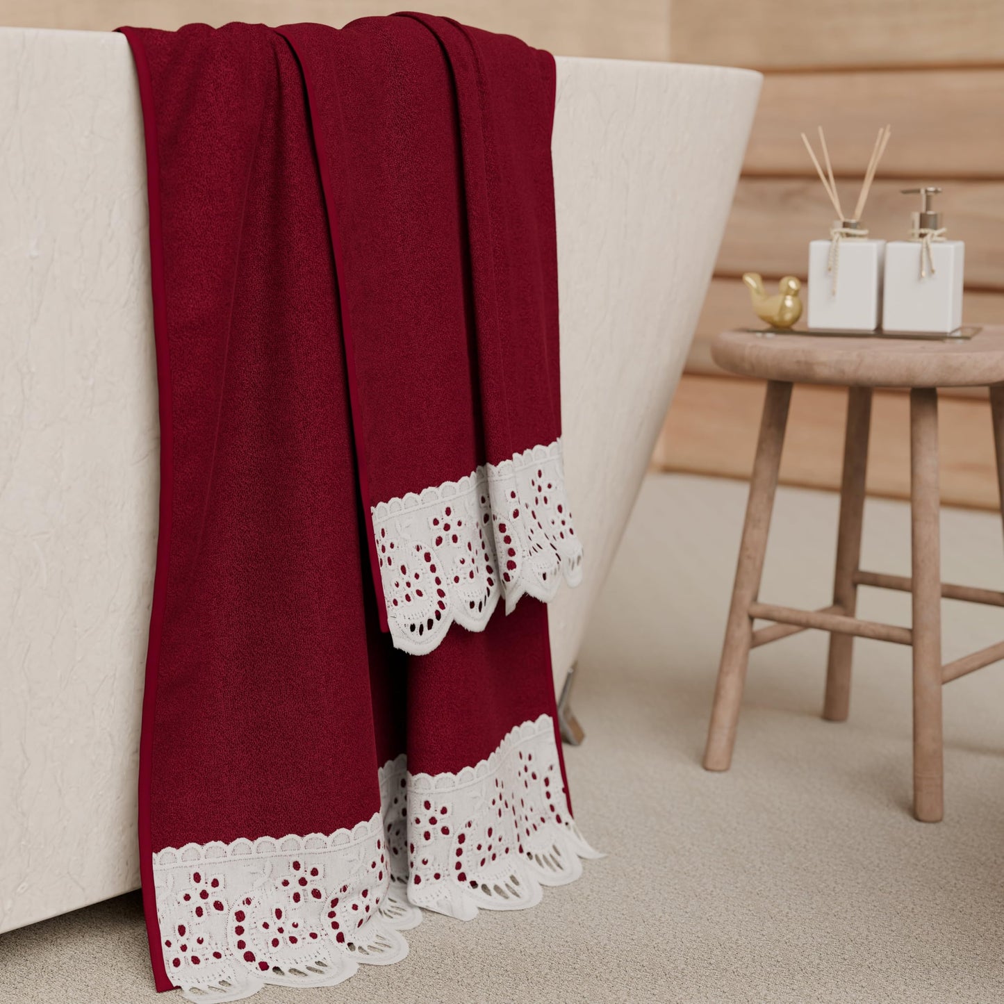 PETTI Artigiani Italiani - 100% Cotton Terry Bath Towels, 1+1 Towel Set, 2 Pieces, 1 Face Towel and 1 Hand Towel, Burgundy